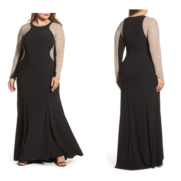 Xscape Dresses & Skirts - Xscape Embellished Jersey Gown Dress Black Nude Silver Size 12